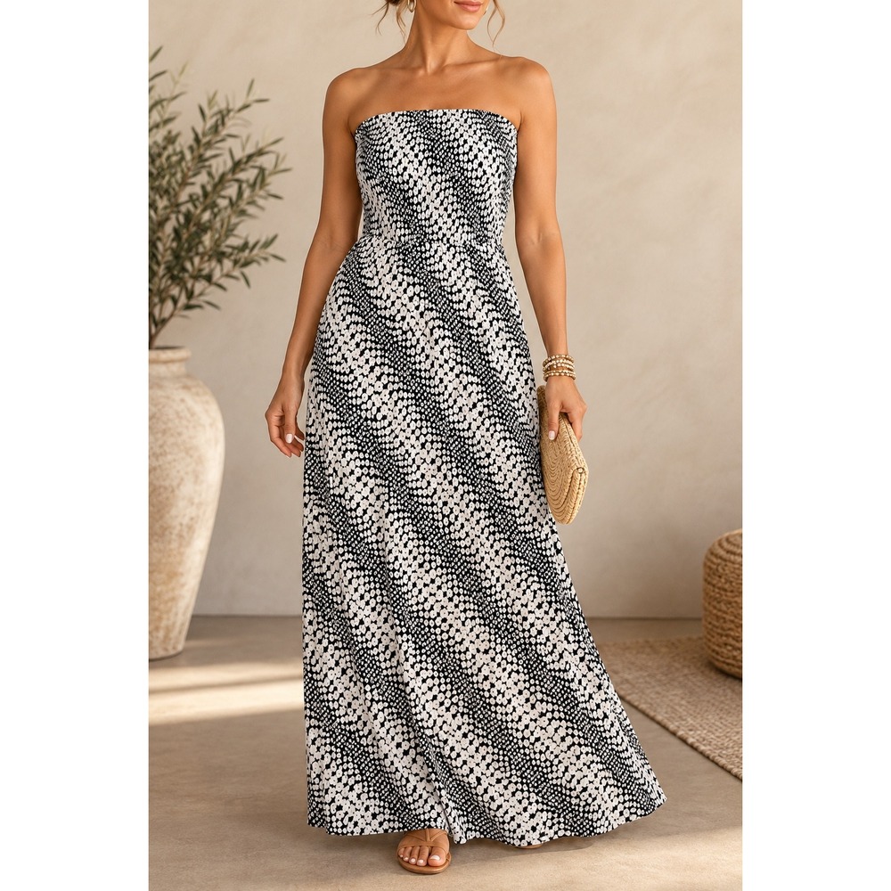 S 112 Michael Kors NWT Black White Floral Strapless Maxi Dress Smocked Boho